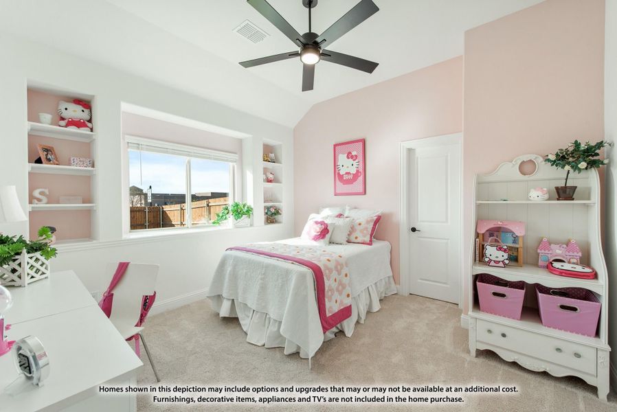 Girl's bedroom with pink walls, built-in shelves, ceiling fan, and carpeted floor with vaulted ceiling