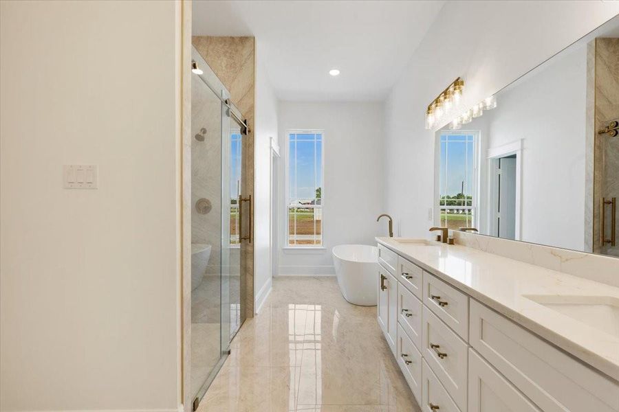 Additional perspective of the bathroom highlighting the vanity and adjoining bath. Additional perspective of the bathroom highlighting the vanity and adjoining bath.