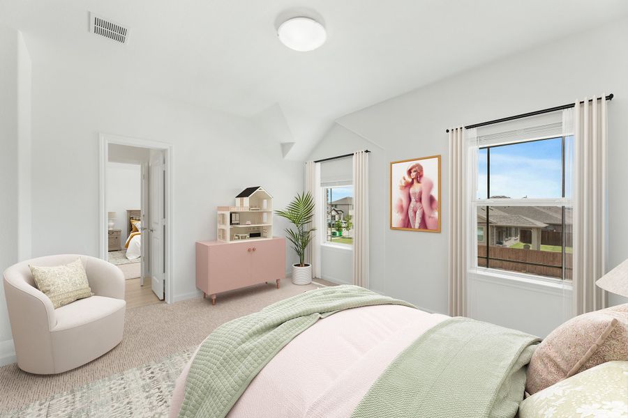 Child's bedroom with vaulted ceiling, pink dresser, dollhouse, and two windows with natural light