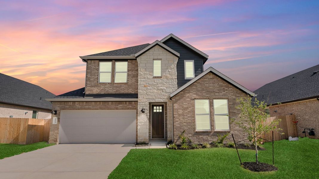 Representative exterior photo of a completed home built from the Rockdale by D.R. Horton in Westland Ranch 60' Homesites, League City, TX (Image 18). Representative exterior photo of a completed home built from the Rockdale by D.R. Horton in Westland Ranch 60' Homesites, League City, TX (Image 18).