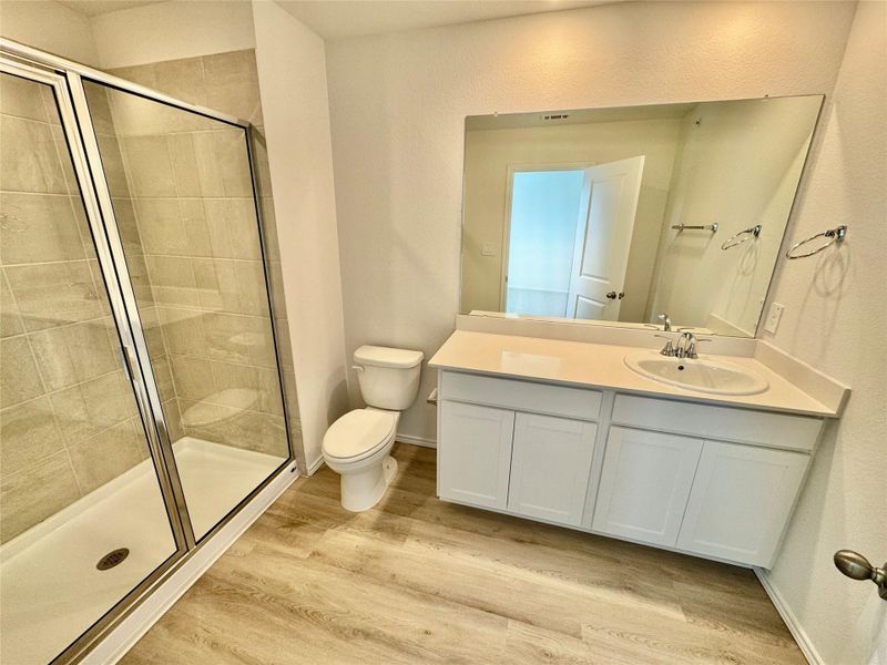 Full bathroom featuring vanity, a shower stall, and light wood-type flooring