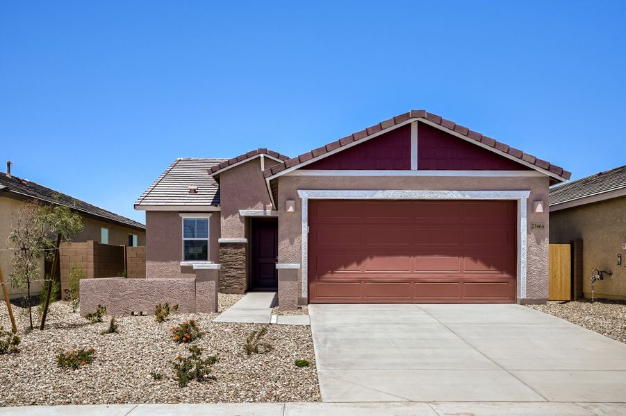 Front exterior of a new home in Ventana Ranch, Buckeye, AZ, highlighting curb appeal (Image 1). Front exterior of a new home in Ventana Ranch, Buckeye, AZ, highlighting curb appeal (Image 1).