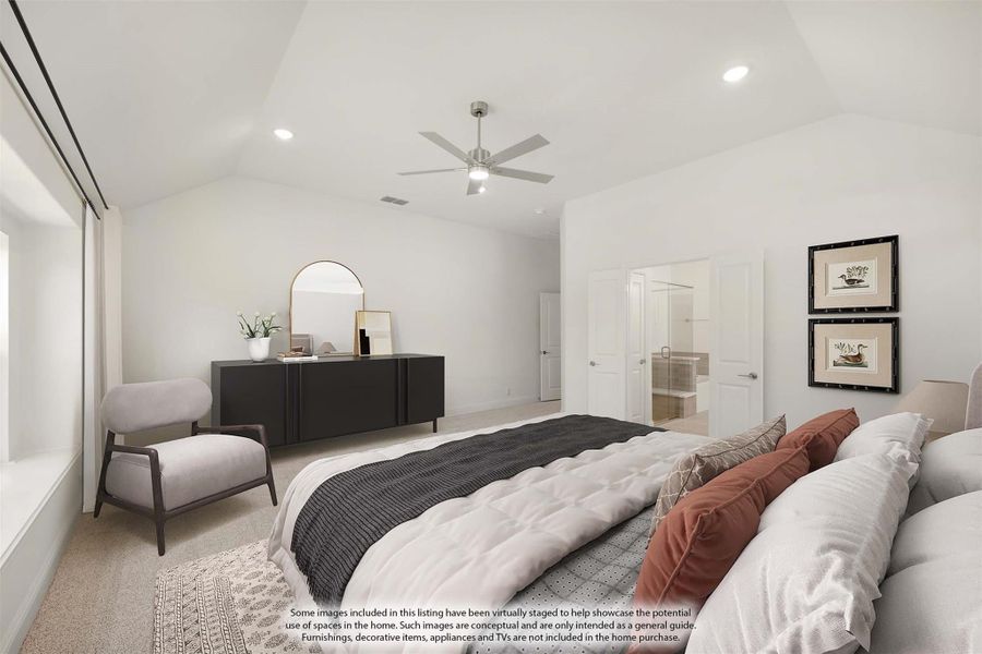 Spacious master bedroom with vaulted ceiling, ceiling fan, carpet flooring, and ensuite bathroom doorway.