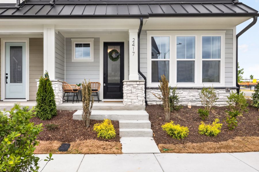 Representative exterior details of a home built from the Cora End Unit by Baker Residential in Atwater Station - Midtown Collection, Fuquay Varina (Image 4). Representative exterior details of a home built from the Cora End Unit by Baker Residential in Atwater Station - Midtown Collection, Fuquay Varina (Image 4).