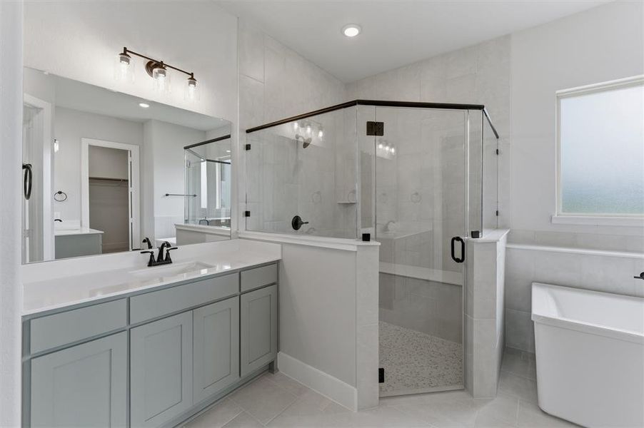 Full bathroom with vanity, a stall shower, a freestanding bath, a spacious closet, and light tile patterned floors
