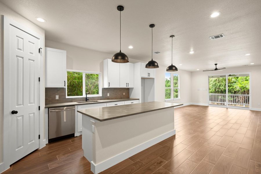 Kitchen featuring dishwasher, plenty of natural light, tasteful backsplash, dark wood-type flooring, and recessed lighting