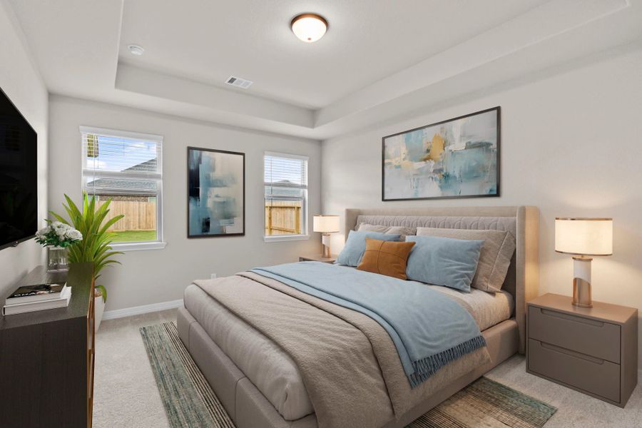 Primary bedroom.  Sample product photo. Actual exterior and interior selections may vary by homesite. Photo may be virtually staged.