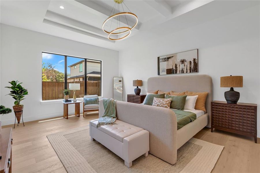 Bedroom featuring a chandelier, light wood-style flooring, recessed lighting, and beam ceiling Bedroom featuring a chandelier, light wood-style flooring, recessed lighting, and beam ceiling