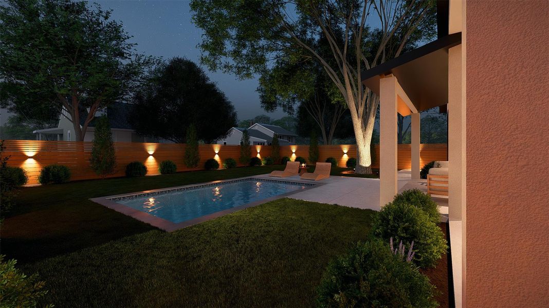 A private backyard oasis features a shimmering pool, surrounded by manicured lawns and subtle accent lighting.