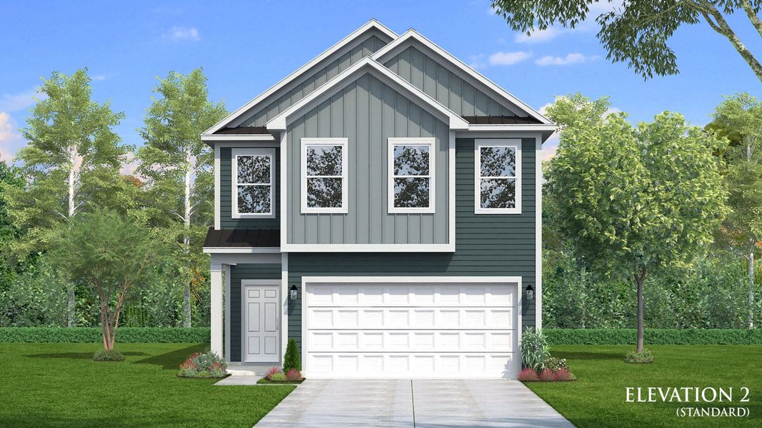 Representative exterior photo of a completed home built from the Juniper by DRB Homes in Sidney Creek Single Family, Zebulon, NC (Image 6). Representative exterior photo of a completed home built from the Juniper by DRB Homes in Sidney Creek Single Family, Zebulon, NC (Image 6).