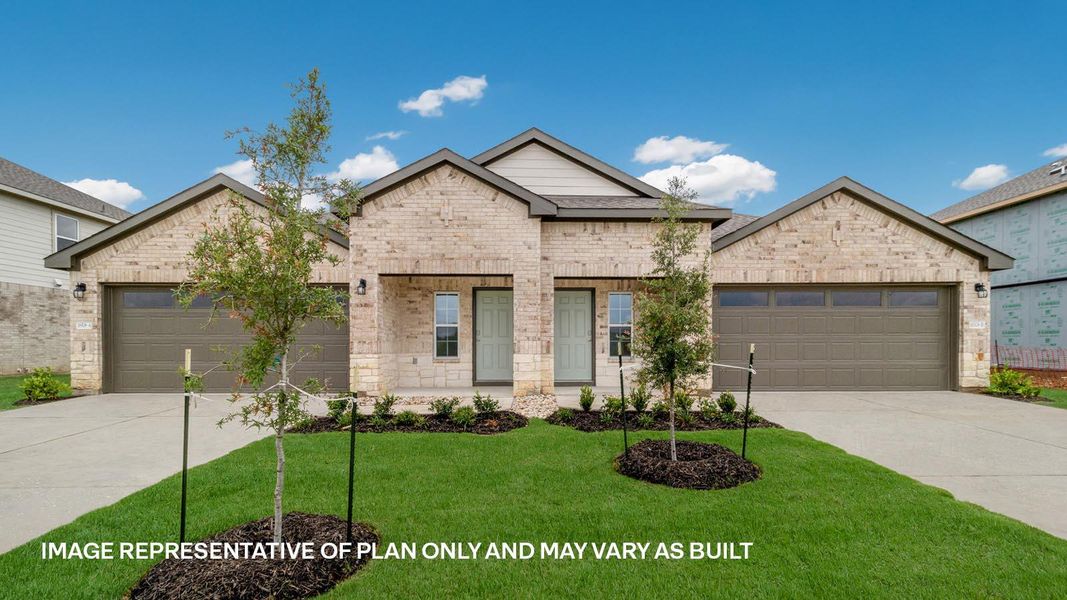 Front exterior of a new home in Palomino, Manor, TX, highlighting curb appeal (Image 1). Front exterior of a new home in Palomino, Manor, TX, highlighting curb appeal (Image 1).
