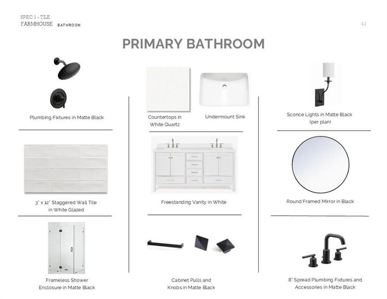 Farmhouse Look Palette 3: Primary Bathroom Selection Sheet (*Artist rendering used for illustration purposes only.)