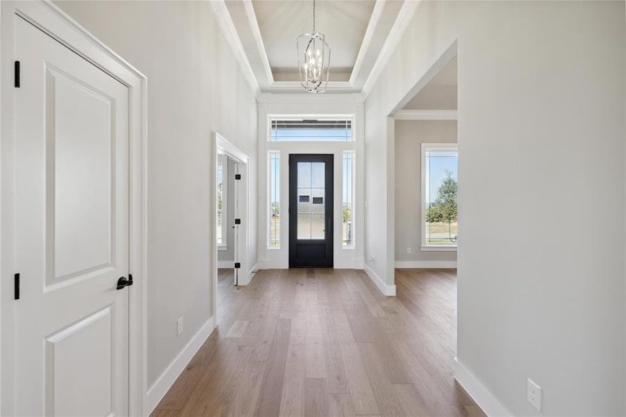 Foyer entrance with a tray ceiling, a notable chandelier, light wood-type flooring, and ornamental molding