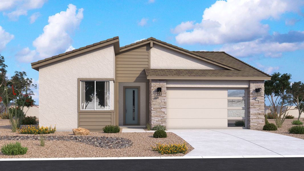 Mid-century modern single-level Horseshoe exterior with strong, clean lines and architectural details by DRB Homes in Arizona
