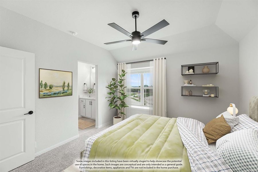 Bedroom with vaulted ceiling, ceiling fan, carpet flooring, and ensuite bathroom doorway visible in background. Bedroom with vaulted ceiling, ceiling fan, carpet flooring, and ensuite bathroom doorway visible in background.