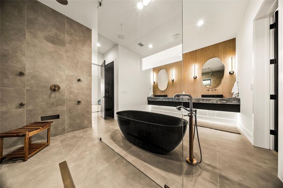 Bathroom with vanity, a walk in shower, and recessed lighting Bathroom with vanity, a walk in shower, and recessed lighting