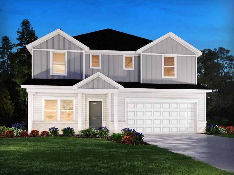 Front exterior of a new home in Riverwood Farm, Piedmont, SC, highlighting curb appeal (Image 1).