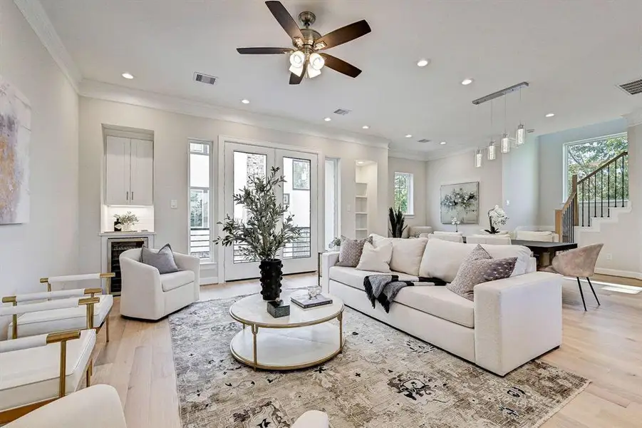 Spacious living room with French doors