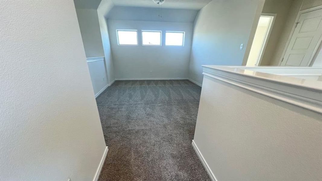 Empty room with dark colored carpet and baseboards