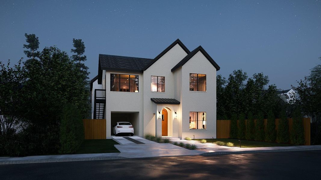Elegant exterior lighting illuminates the inviting entry and modern stucco facade of this contemporary residence. Elegant exterior lighting illuminates the inviting entry and modern stucco facade of this contemporary residence.