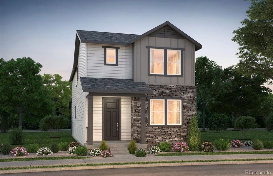 Front exterior of a new home in Painted Prairie, Aurora, CO, highlighting curb appeal (Image 1).
