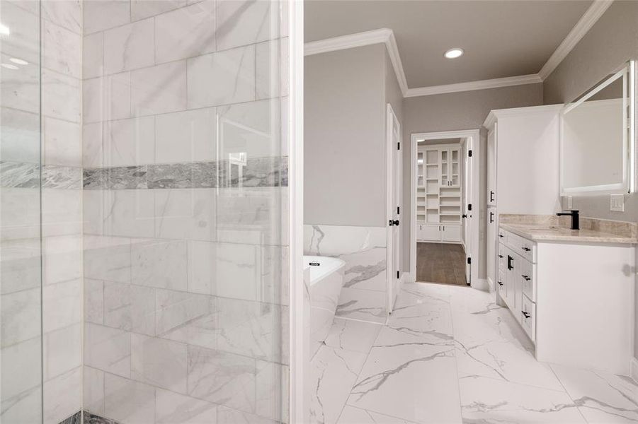 Full bathroom with crown molding, tiled shower, vanity, and a freestanding tub Full bathroom with crown molding, tiled shower, vanity, and a freestanding tub