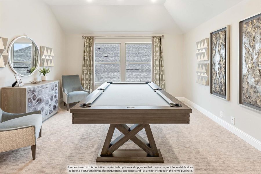 Game room with a wood-framed pool table, neutral carpet, vaulted ceiling, and decorative wall art.