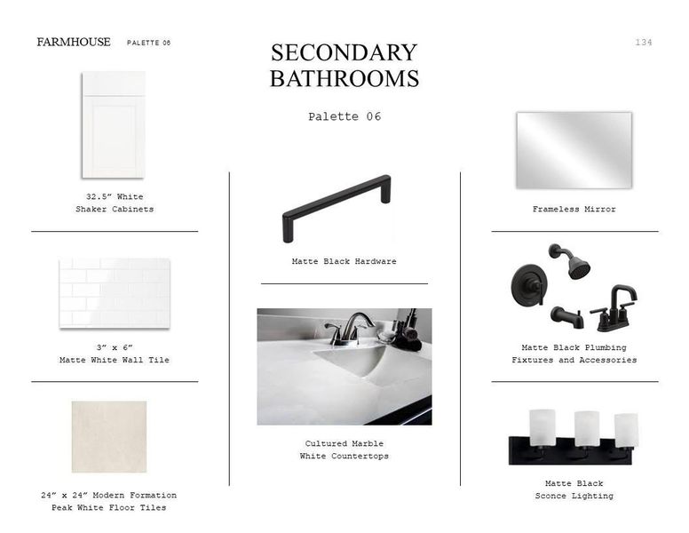 Farmhouse Look Palette 6: Secondary Bathrooms Selection Sheet (*Artist rendering used for illustration purposes only.)