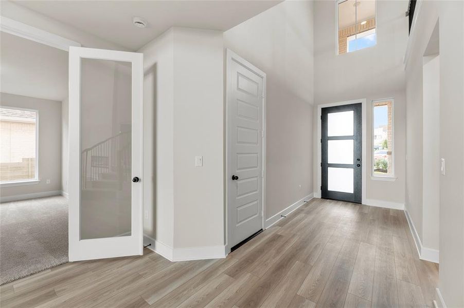 Foyer entrance with healthy amount of natural light, light wood-type flooring, and a towering ceiling