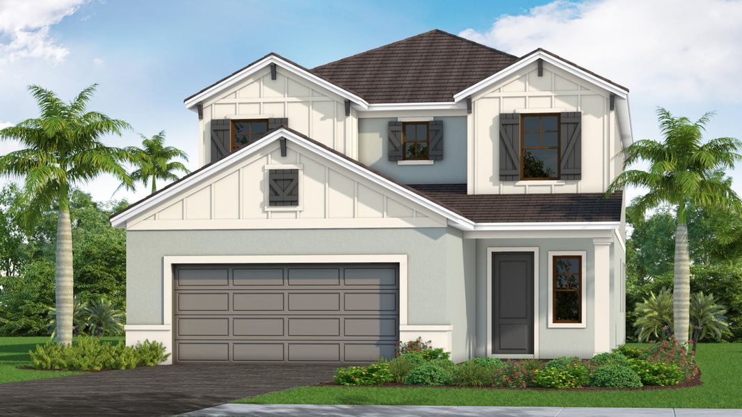 Front exterior of a new home in Windward, Lakewood Ranch, FL, highlighting curb appeal (Image 4). Front exterior of a new home in Windward, Lakewood Ranch, FL, highlighting curb appeal (Image 4).