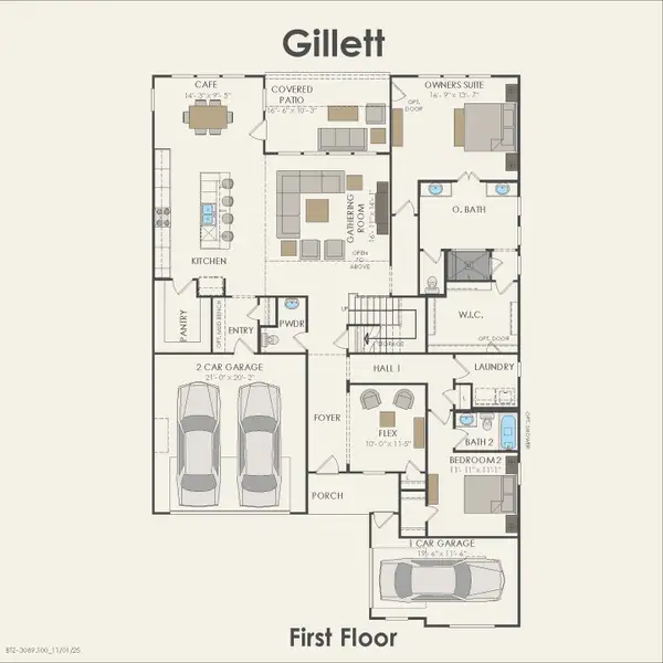 2D floor plan layout for the Gillett by Pulte Homes in Corley Farms, Boerne, TX (Image 3).