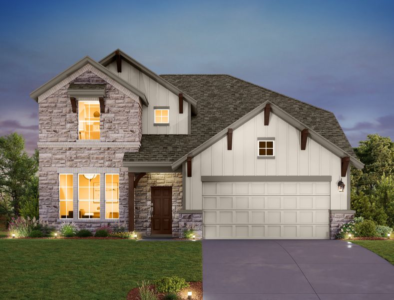 Representative exterior photo of a completed home built from the Thornton by Ashton Woods in Lagos Reserve, Manor, TX (Image 17). Representative exterior photo of a completed home built from the Thornton by Ashton Woods in Lagos Reserve, Manor, TX (Image 17).