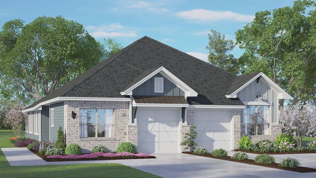 Representative exterior photo of a completed home built from the Chalet by Chesmar Homes in Meridiana Townhomes, Iowa Colony, TX (Image 5).