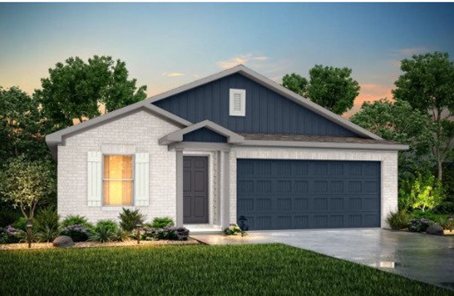 Front exterior of a new home in The Quarry, Cuero, TX, highlighting curb appeal (Image 1).