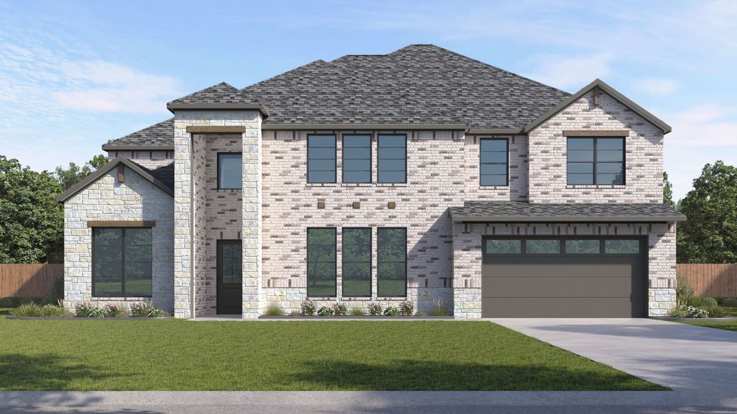 Front exterior of a new home in Sola Vista at West Cypress Hills, Spicewood, TX, highlighting curb appeal (Image 1). Front exterior of a new home in Sola Vista at West Cypress Hills, Spicewood, TX, highlighting curb appeal (Image 1).