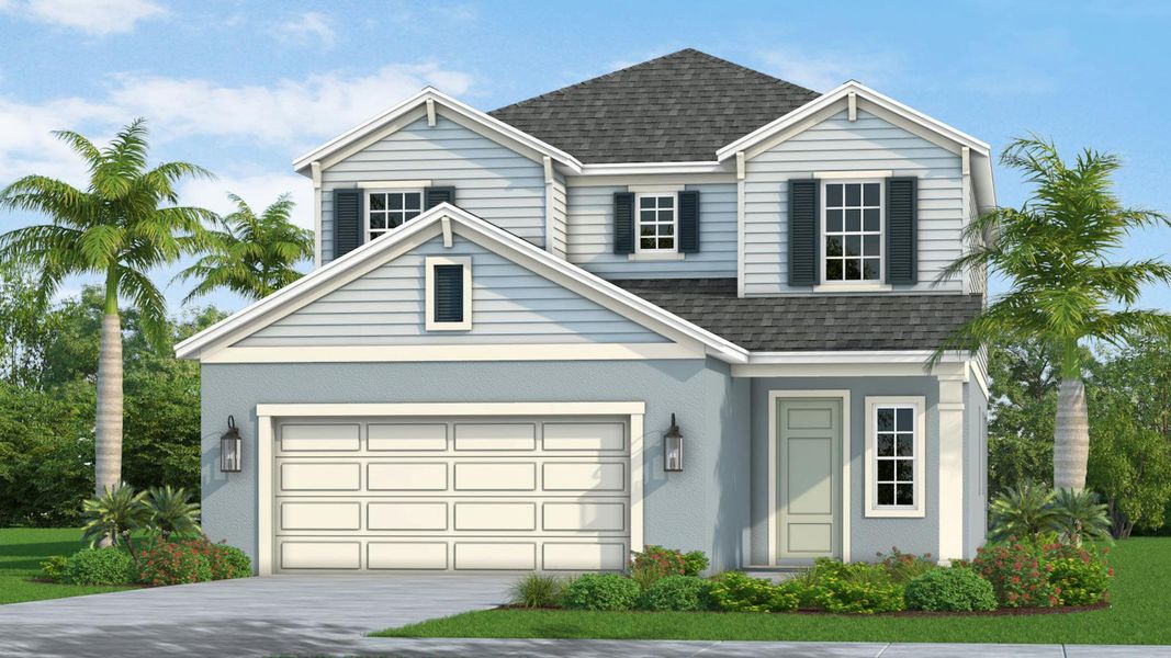 Front exterior of a new home in Canoe Creek Real Estate and Homes for Sale in Parrish, FL - Neal Communities, Parrish, FL, highlighting curb appeal (Image 4).