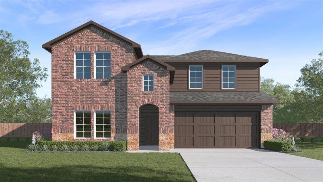 Traditional home with brick siding, driveway, a front yard, and fence