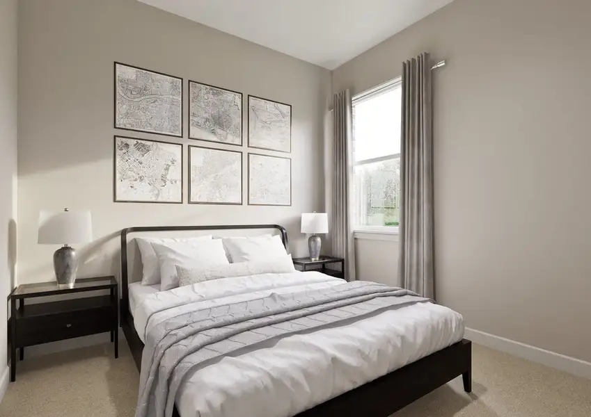 A minimalist bedroom features a neatly made bed with white linens and a gray throw. Light gray walls display a grid of six map artworks. Two bedside tables with lamps flank the bed, and a large window with curtains lets in soft natural light, creating a serene atmosphere.