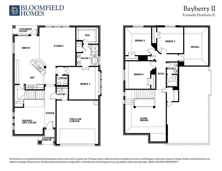 Bloomfield Homes Bayberry II two-story floor plan with four bedrooms, game room, media room, and two-car garage.