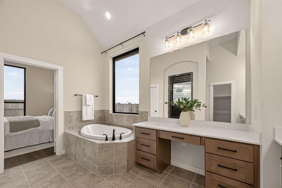 Soaking tub and vanity.