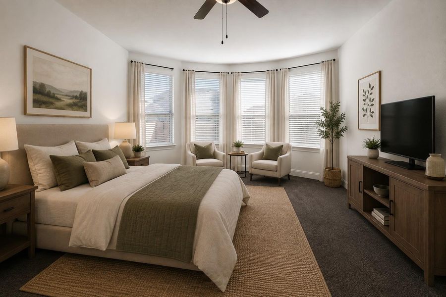Virtually Staged PhotoA tranquil bedroom retreat features a bay of windows offering natural illumination and an inviting seating area.