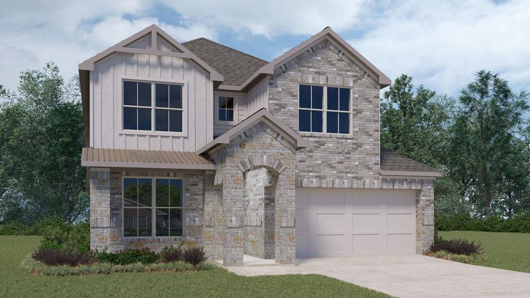 Front exterior of a new home in Rosenbusch Ranch, Leander, TX, highlighting curb appeal (Image 1). Front exterior of a new home in Rosenbusch Ranch, Leander, TX, highlighting curb appeal (Image 1).