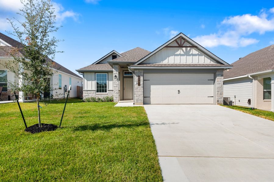 Front exterior of a new home in Gourd Creek, Bryan, TX, highlighting curb appeal (Image 1). Front exterior of a new home in Gourd Creek, Bryan, TX, highlighting curb appeal (Image 1).