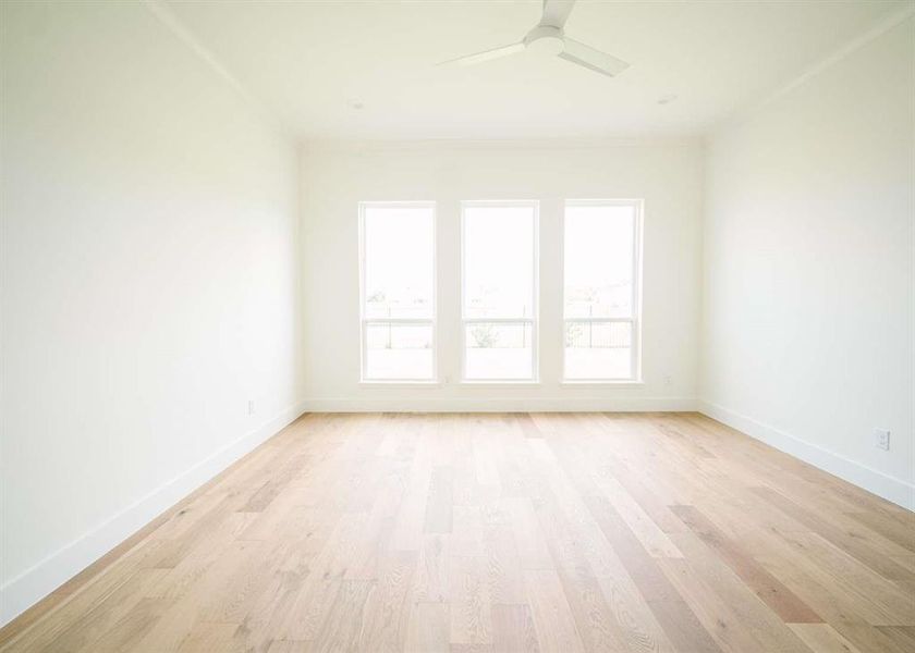 Empty room featuring ornamental molding, ceiling fan, and light wood-type flooring