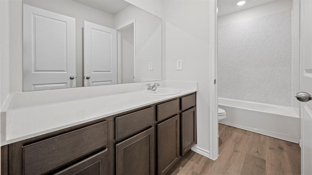 Full bathroom with light wood-type flooring and vanity