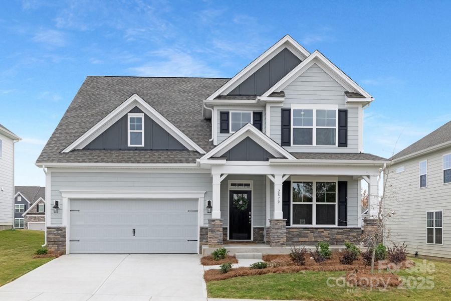 Front exterior of a new home in Sylvan Creek, Denver, NC, highlighting curb appeal (Image 1).