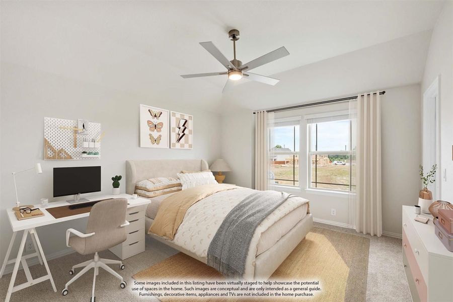 Bedroom with vaulted ceiling, ceiling fan, carpet flooring, desk area, and large window with natural light