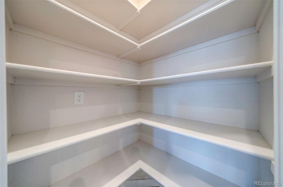 Large pantry with wooden shelves.