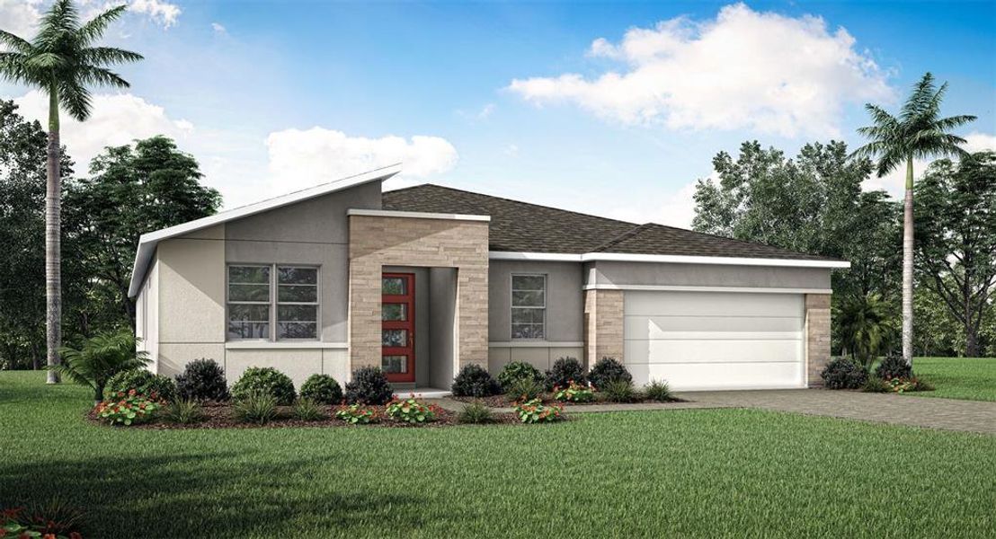 Front exterior of a new home in Crosswind Ranch, Parrish, FL, highlighting curb appeal (Image 1). Front exterior of a new home in Crosswind Ranch, Parrish, FL, highlighting curb appeal (Image 1).