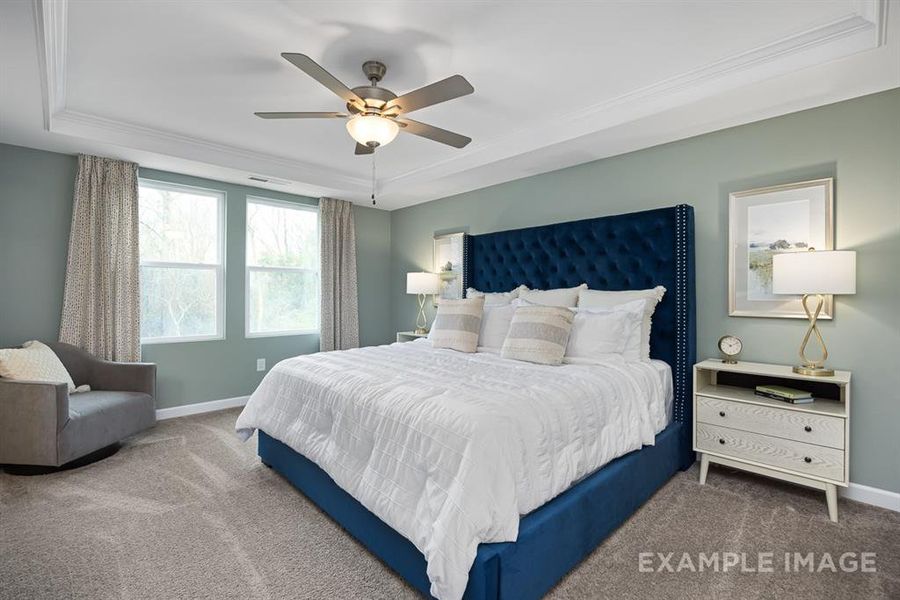 Bedroom featuring a raised ceiling, ceiling fan, carpet, and ornamental molding